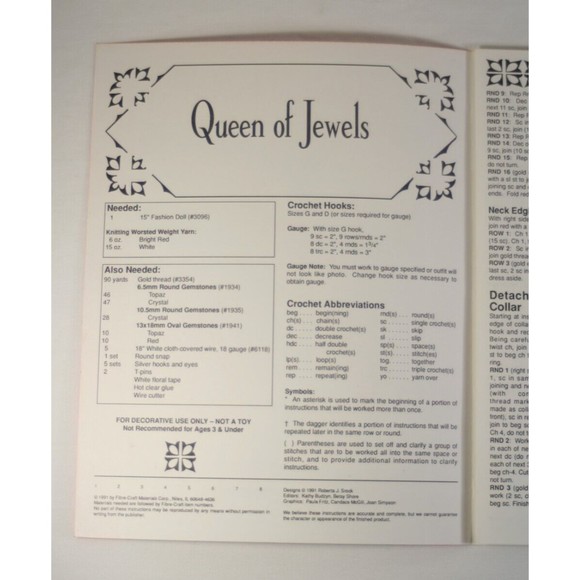 Fibre Craft Crochet Doll Pattern Booklet Queen of Jewels 15" FCM 246 1991 - Picture 3 of 3